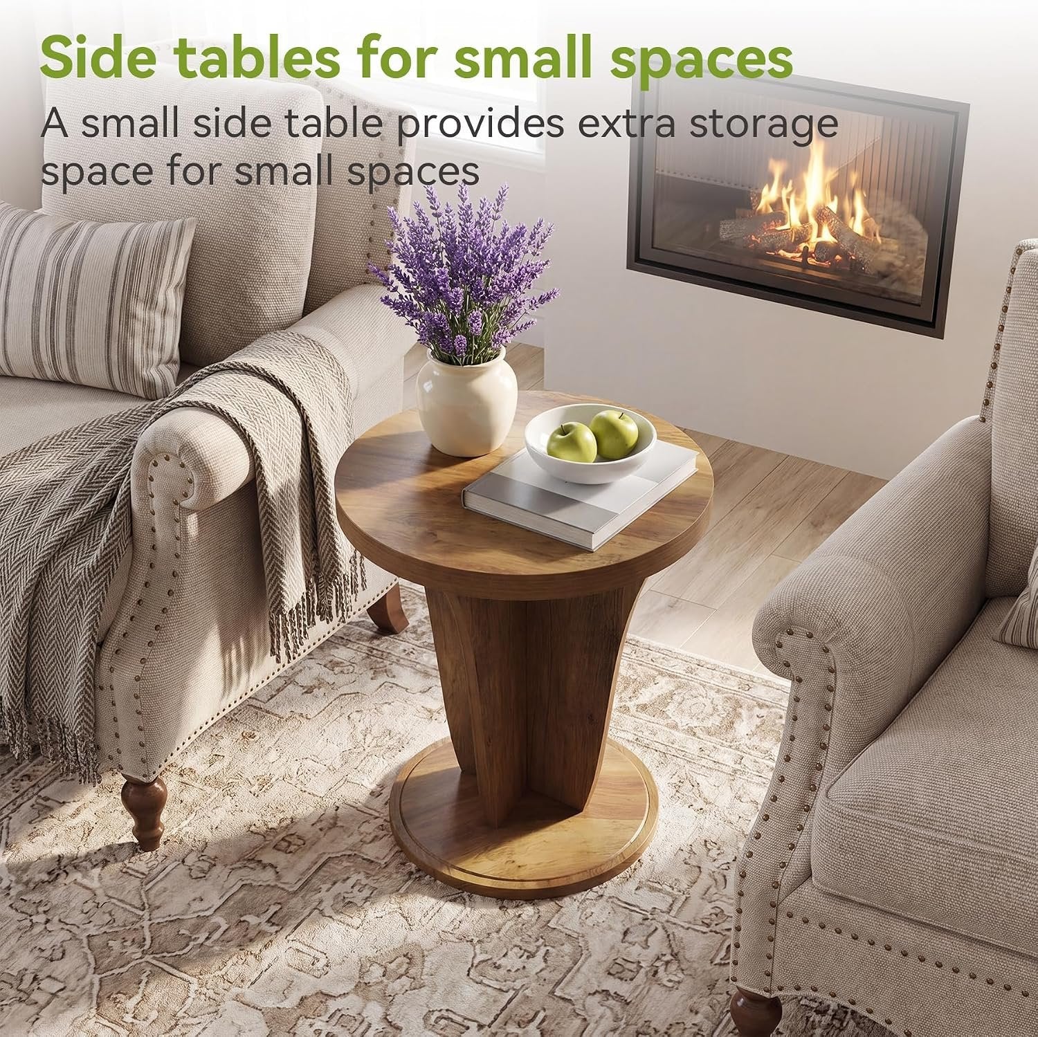 Tribesigns Table d'appoint ronde en bois pour salon, 50 cm de diamètre, Style champêtre, petite table de canapé marron