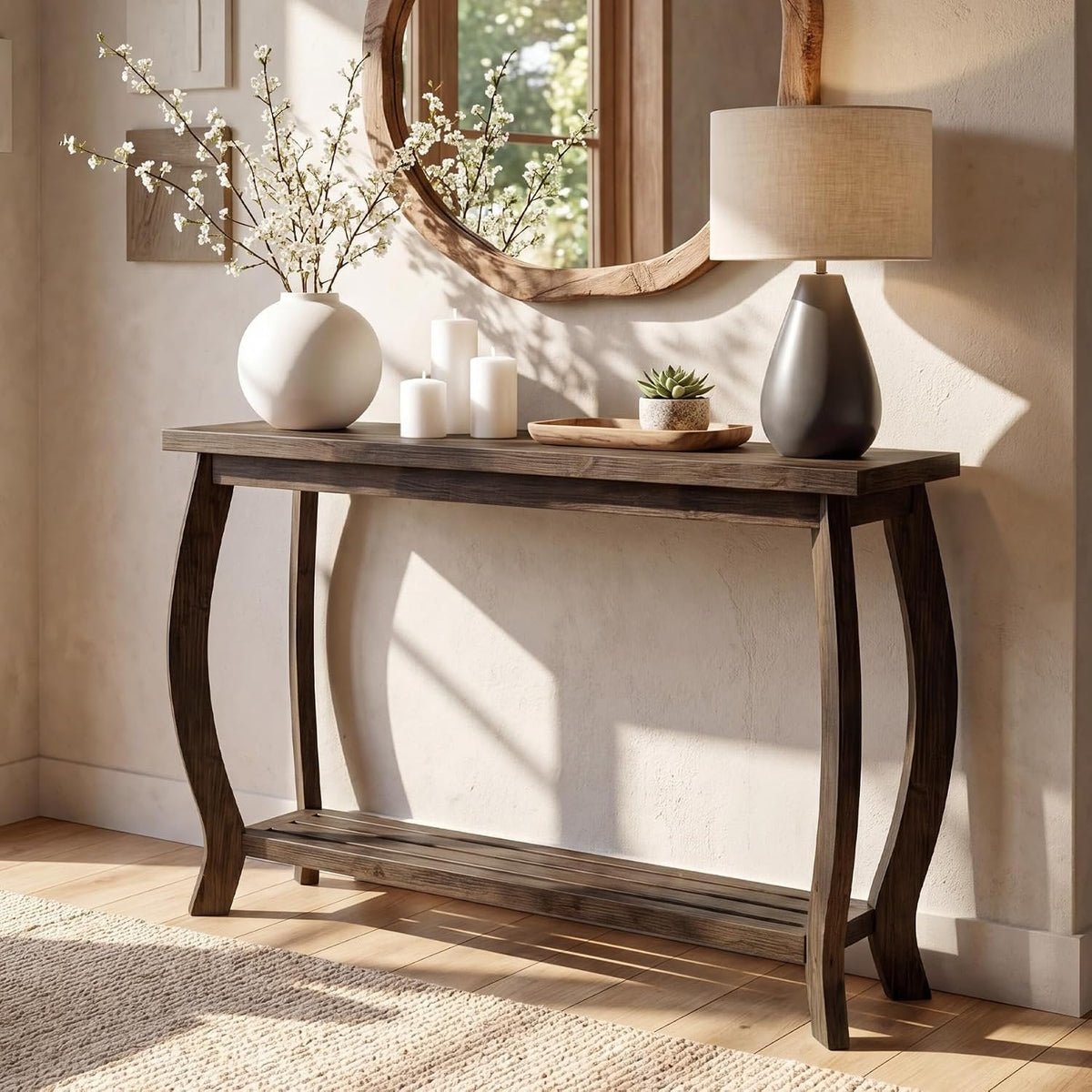 Tribesigns Console en bois massif 105 cm, Table d'entrée étroite à 2 niveaux de style champêtre