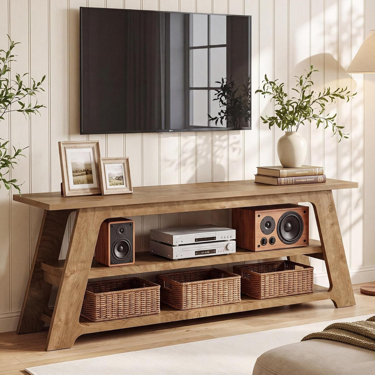 Tribesigns Meuble TV bas 160 cm pour téléviseur 75 pouces, Meuble TV avec 3 étagères