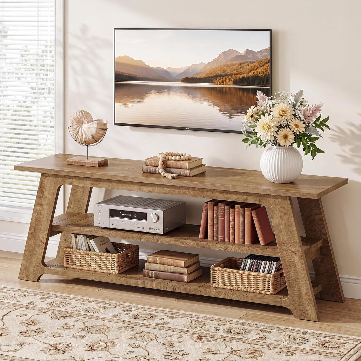Tribesigns Meuble TV bas 160 cm pour téléviseur 75 pouces, Meuble TV avec 3 étagères