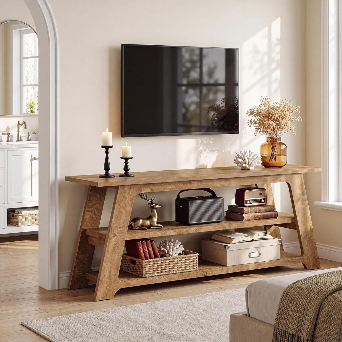 Tribesigns Meuble TV bas 160 cm pour téléviseur 75 pouces, Meuble TV avec 3 étagères