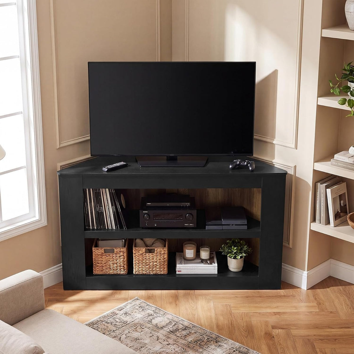 Tribesigns Meuble TV d'angle  à 2 niveaux, Meuble TV trapézoïdal