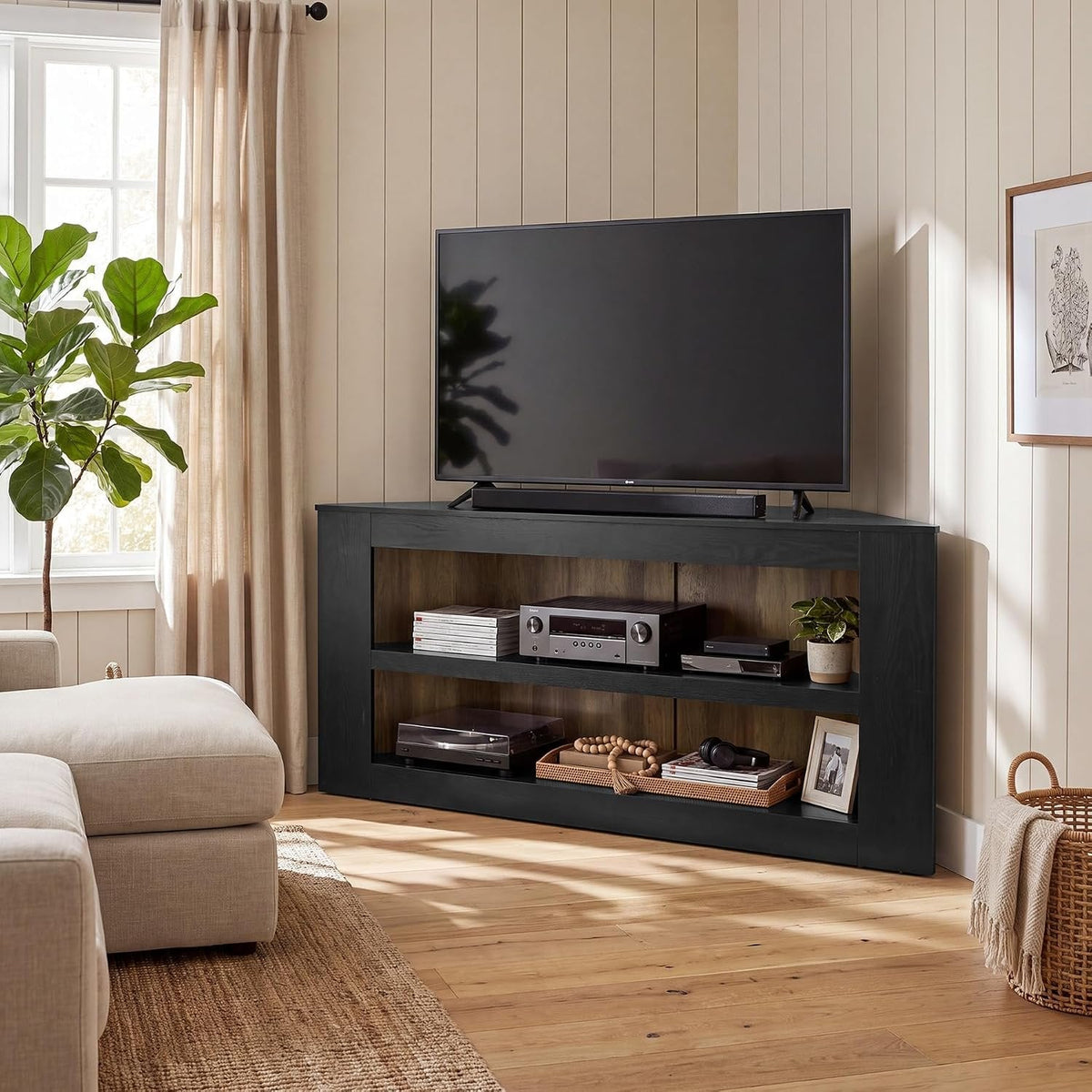 Tribesigns Meuble TV d'angle  à 2 niveaux, Meuble TV trapézoïdal