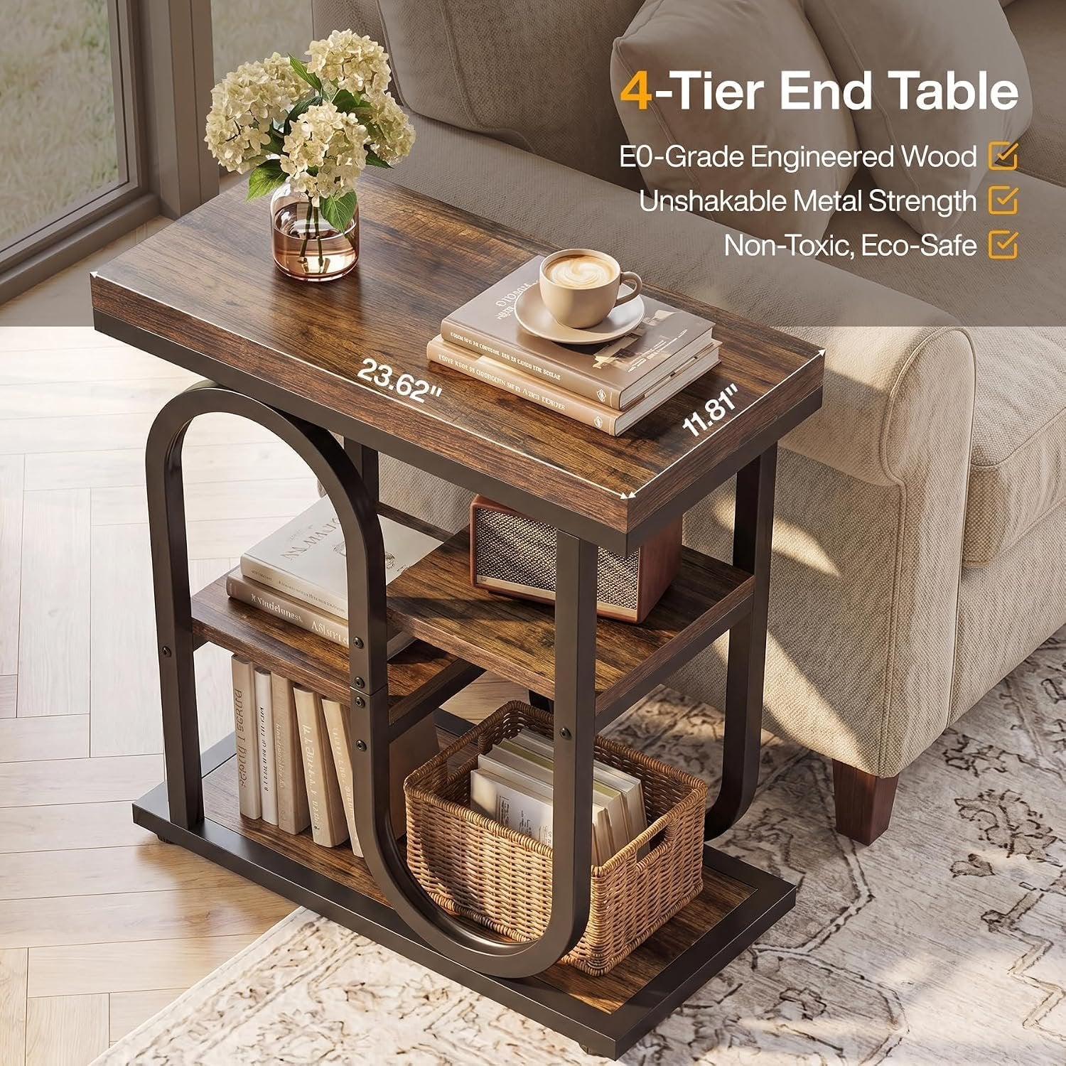 Tribesigns Table d'appoint avec étagère de rangement, Table d'appoint à 4 étagères pour le salon Table de chevet