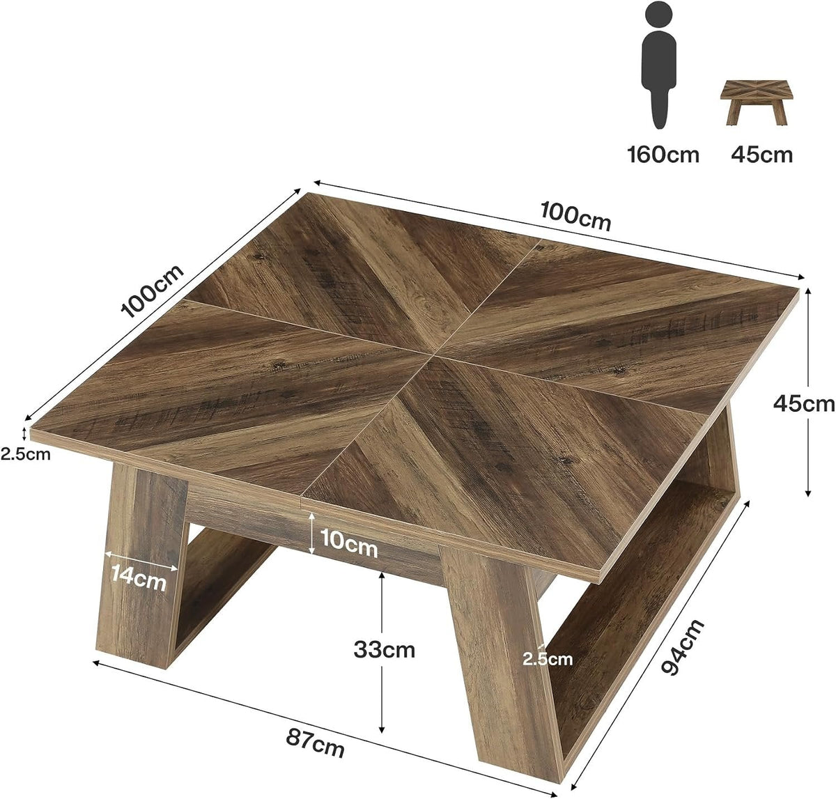 Tribesigns Table basse carrée 100 cm, Table de salon style maison de campagne