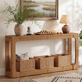 Console en bois massif de 160 cm avec rangement à 2 niveaux, Table d'entrée rustique marron de style campagnard pour couloir, entrée et salon 3