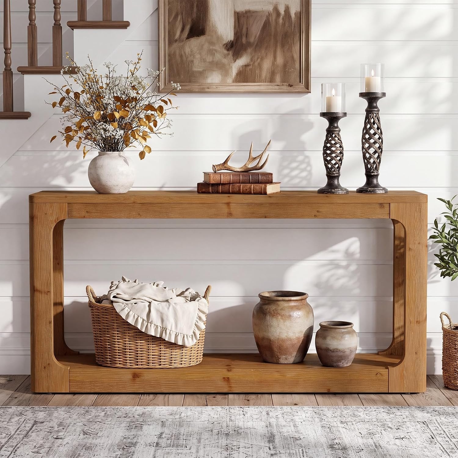 Console en bois massif de 160 cm avec rangement à 2 niveaux, Table d'entrée rustique marron de style campagnard pour couloir, entrée et salon