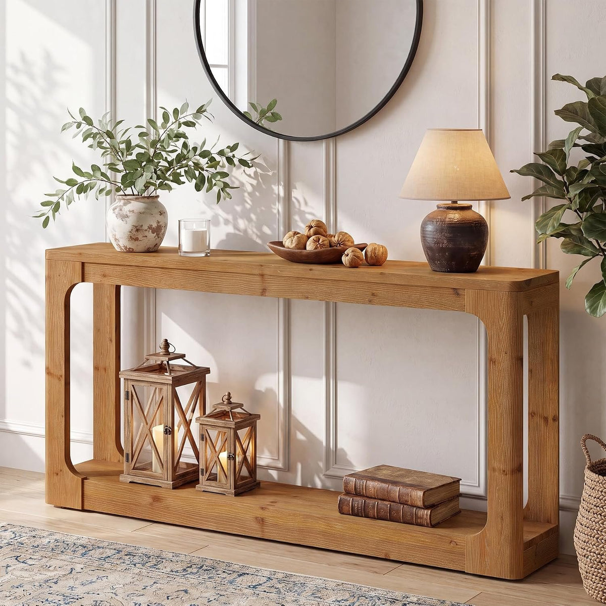 Console en bois massif de 160 cm avec rangement à 2 niveaux, Table d'entrée rustique marron de style campagnard pour couloir, entrée et salon
