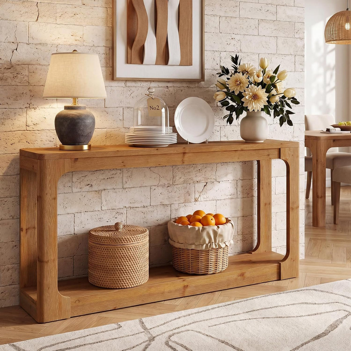 Console en bois massif de 160 cm avec rangement à 2 niveaux, Table d'entrée rustique marron de style campagnard pour couloir, entrée et salon