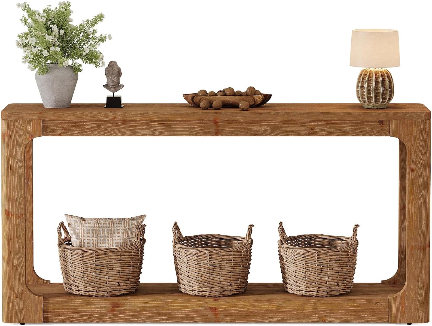 Console en bois massif de 160 cm avec rangement à 2 niveaux, Table d'entrée rustique marron de style campagnard pour couloir, entrée et salon