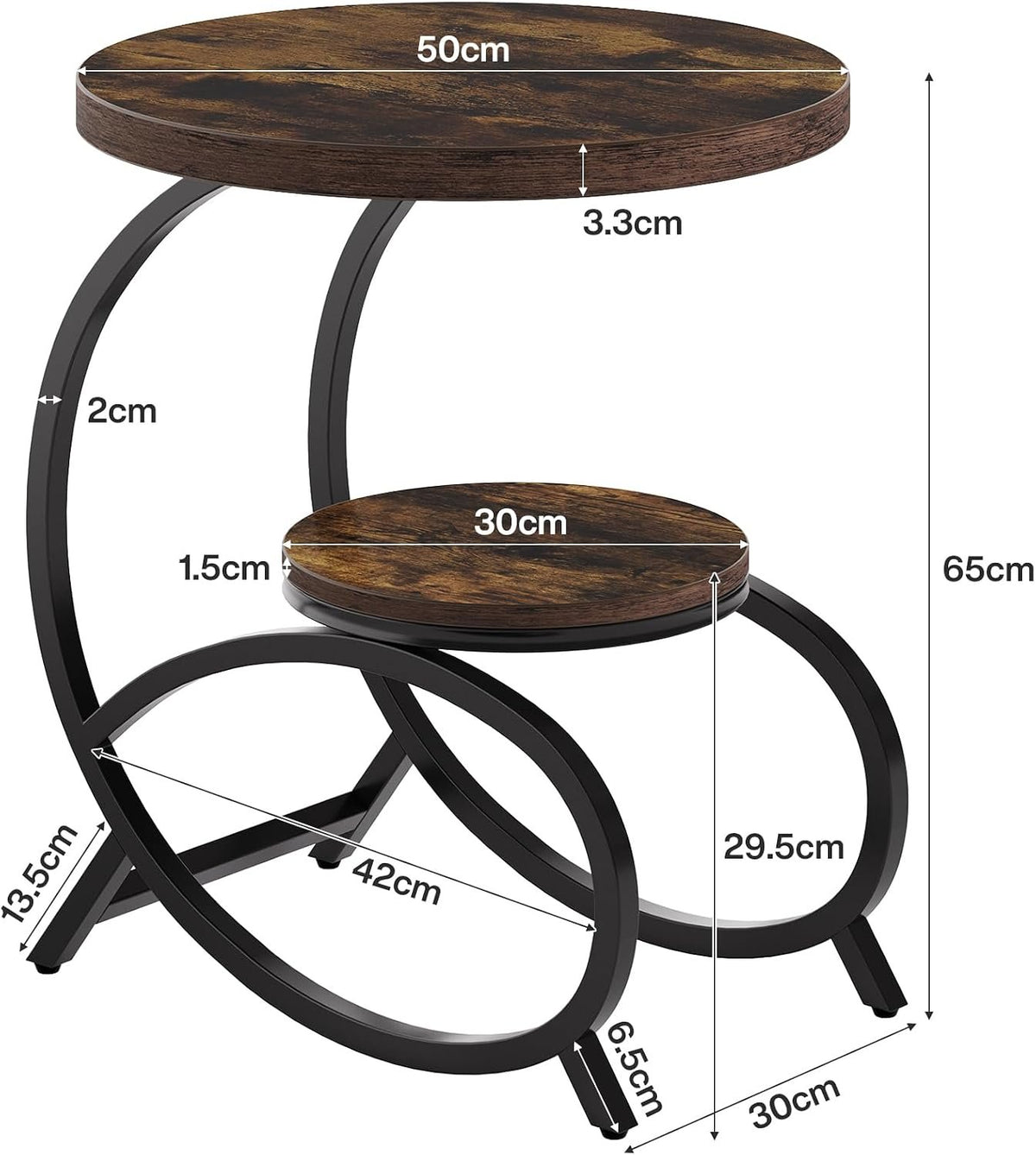 Tribesigns Table d'appoint en forme de C avec 2 étagères, Table de canapé ronde en bois et métal