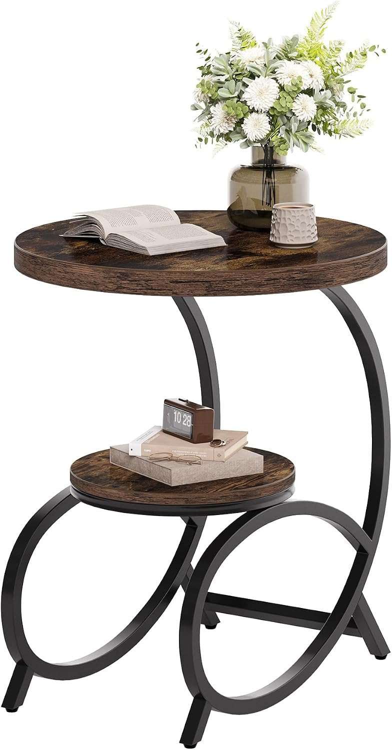 Tribesigns Table d'appoint en forme de C avec 2 étagères, Table de canapé ronde en bois et métal