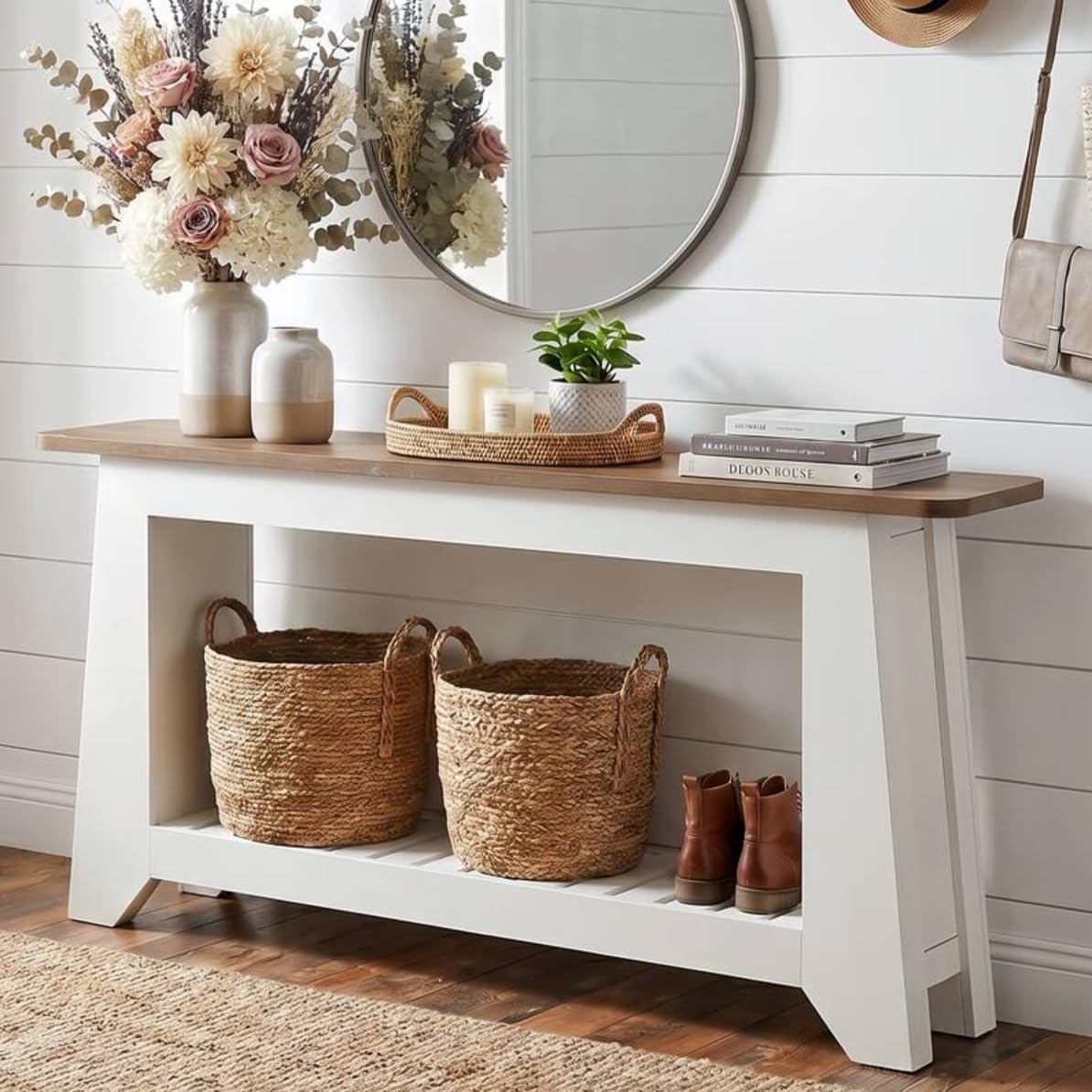 Tribesigns Console 160 cm avec rangement, style rustique moderne, Table blanche à placer derrière un canapé avec étagère à lattes ouverte dans le compartiment inférieur