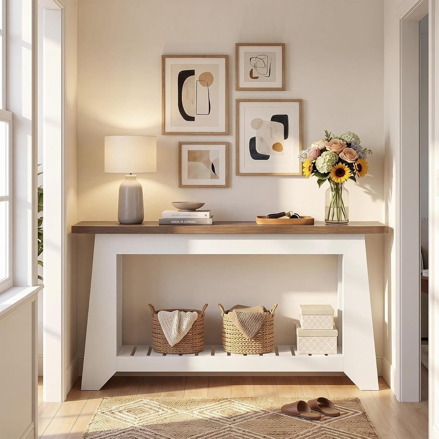 Tribesigns Console 160 cm avec rangement, style rustique moderne, Table blanche à placer derrière un canapé avec étagère à lattes ouverte dans le compartiment inférieur