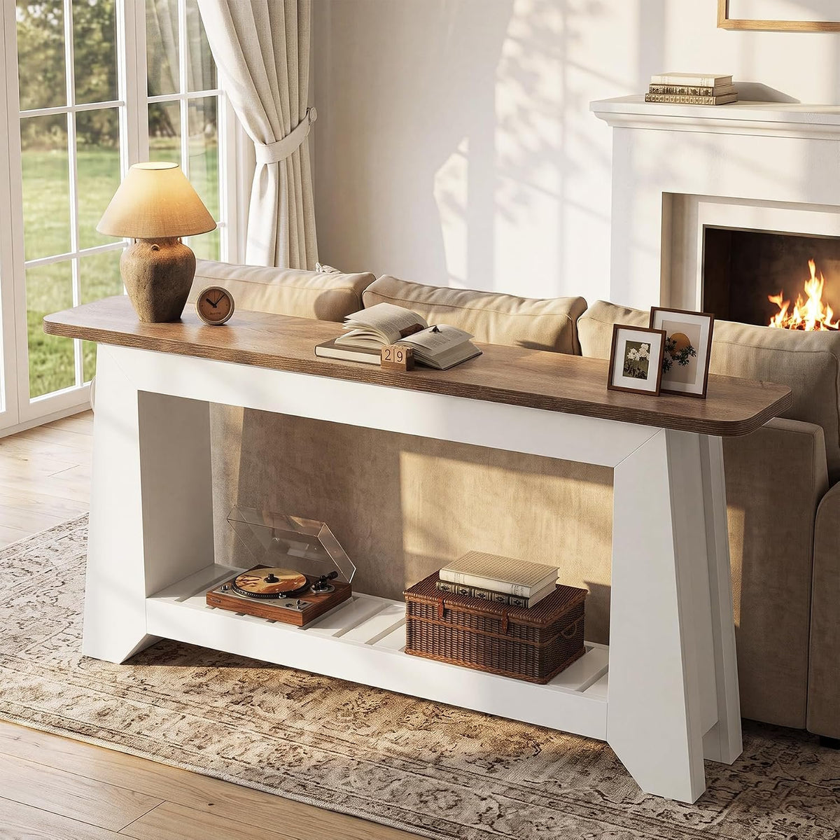 Tribesigns Console 160 cm avec rangement, style rustique moderne, Table blanche à placer derrière un canapé avec étagère à lattes ouverte dans le compartiment inférieur