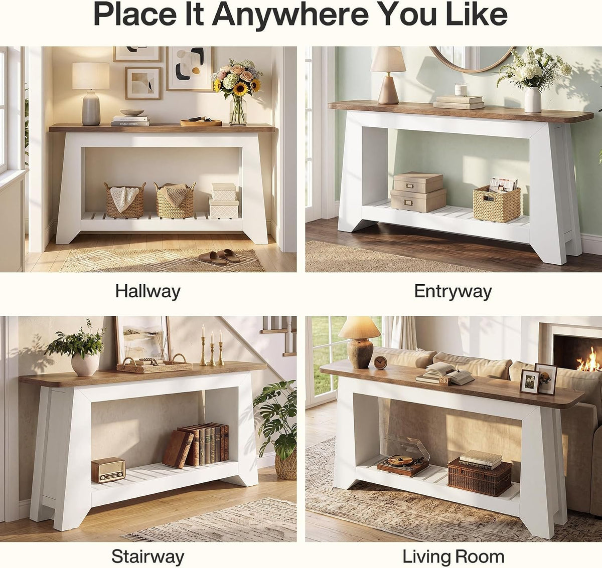 Tribesigns Console 160 cm avec rangement, style rustique moderne, Table blanche à placer derrière un canapé avec étagère à lattes ouverte dans le compartiment inférieur