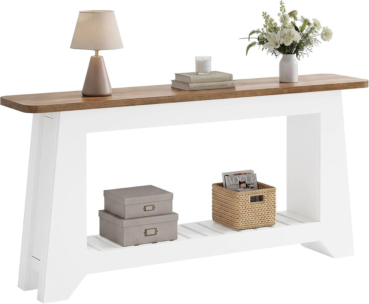 Tribesigns Console 160 cm avec rangement, style rustique moderne, Table blanche à placer derrière un canapé avec étagère à lattes ouverte dans le compartiment inférieur