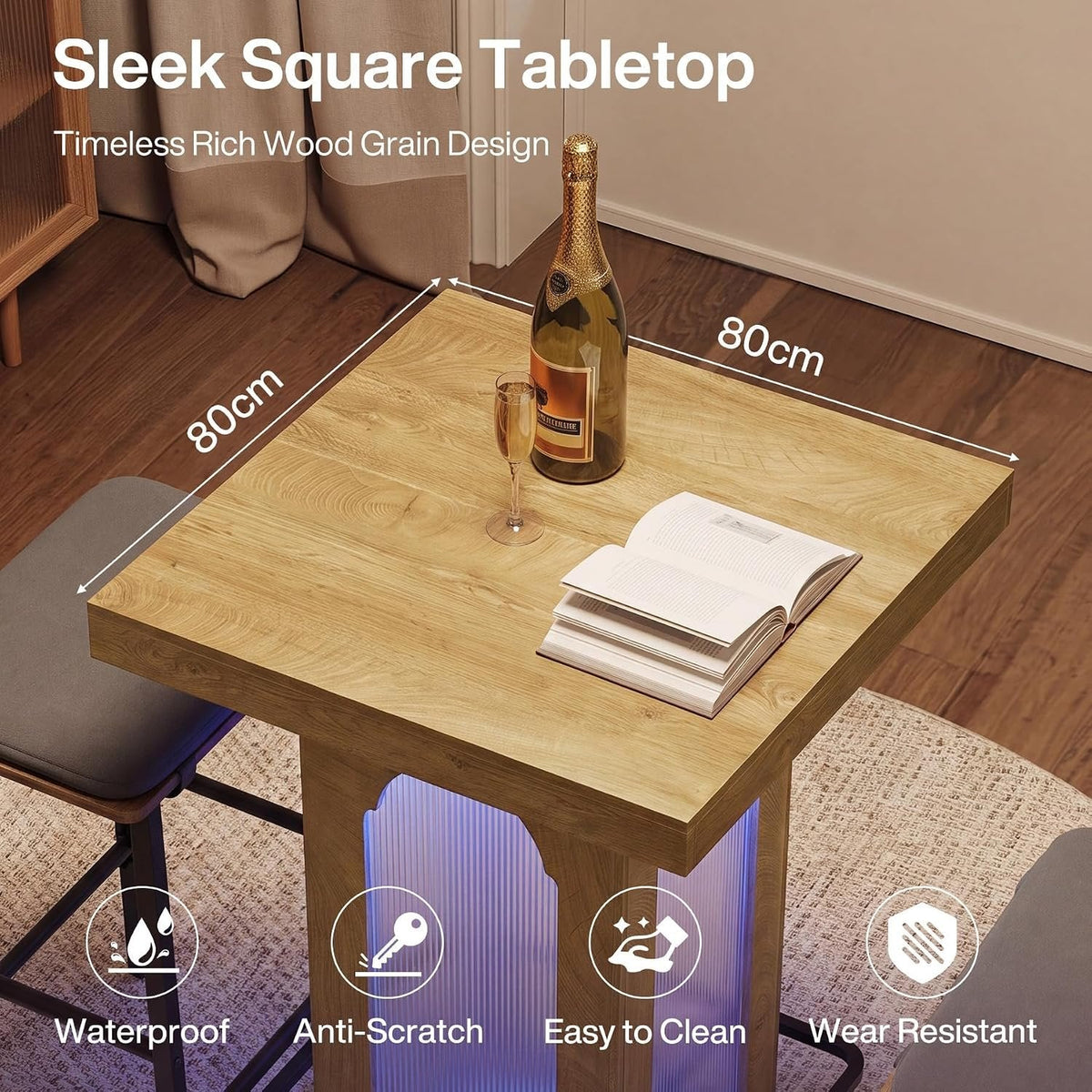 Tribesigns Table haute 80 cm avec éclairage RGB, Table mange-debout carrée