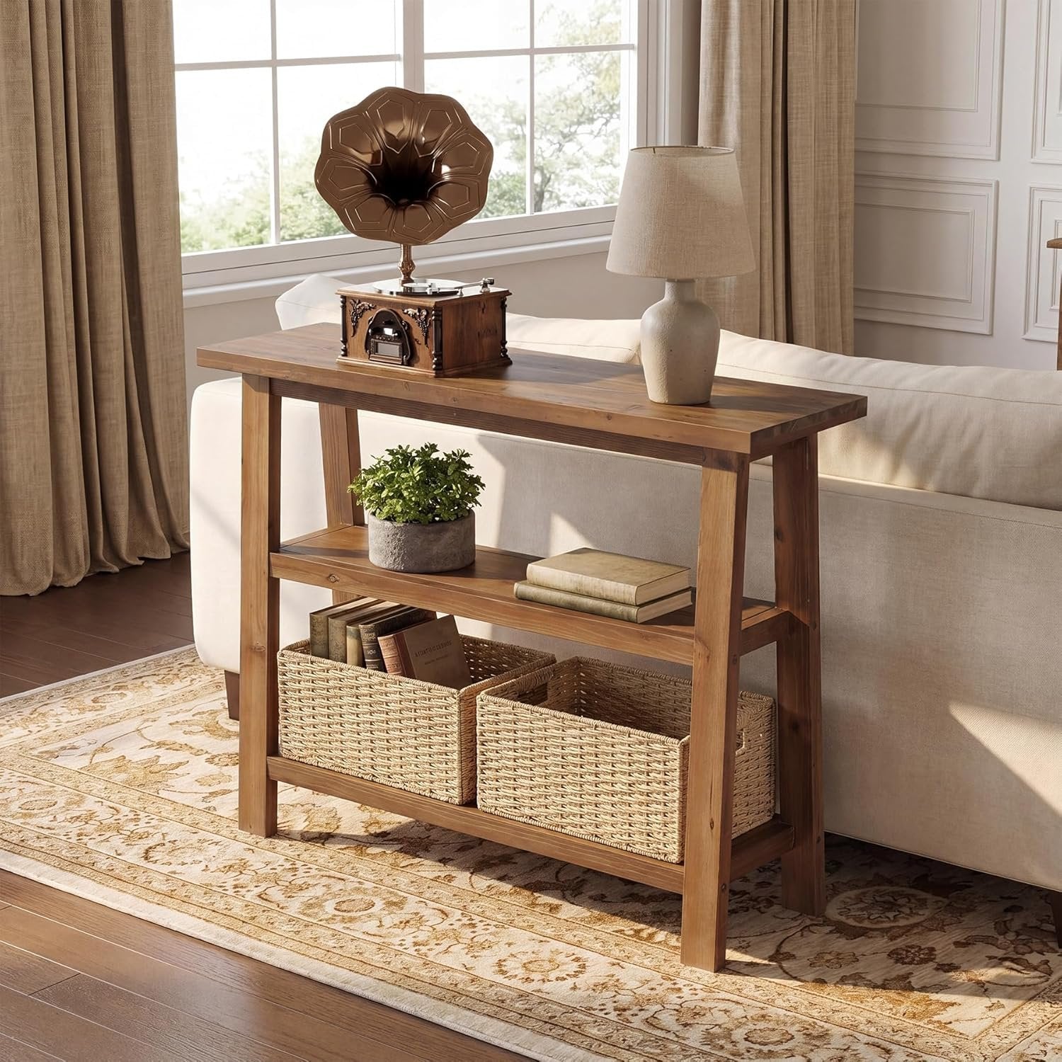 Console en bois massif avec rangement, 105 cm de large, Console étroite de style champêtre avec 2 paniers de rangement et une étagère