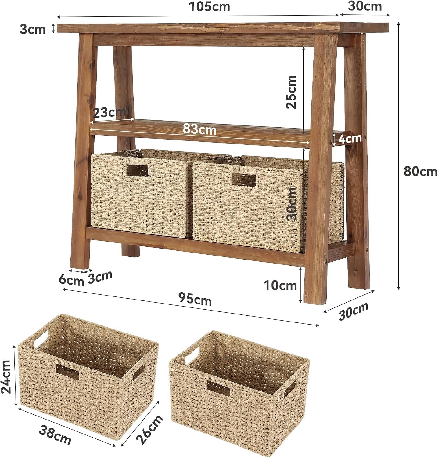 Console en bois massif avec rangement, 105 cm de large, Console étroite de style champêtre avec 2 paniers de rangement et une étagère