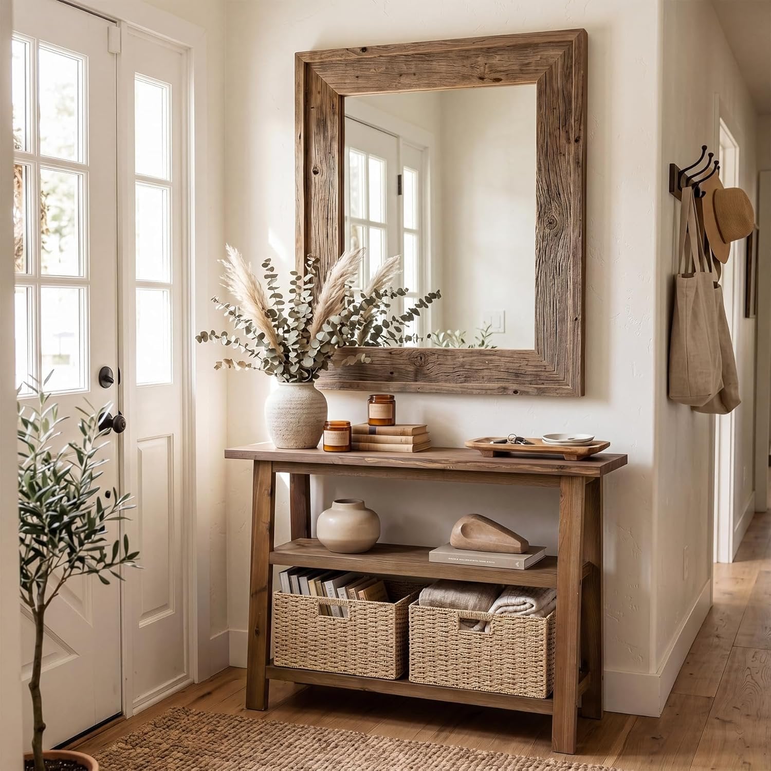 Console en bois massif avec rangement, 105 cm de large, Console étroite de style champêtre avec 2 paniers de rangement et une étagère