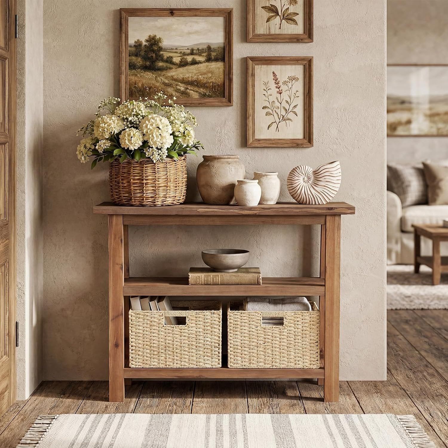 Console en bois massif avec rangement, 105 cm de large, Console étroite de style champêtre avec 2 paniers de rangement et une étagère