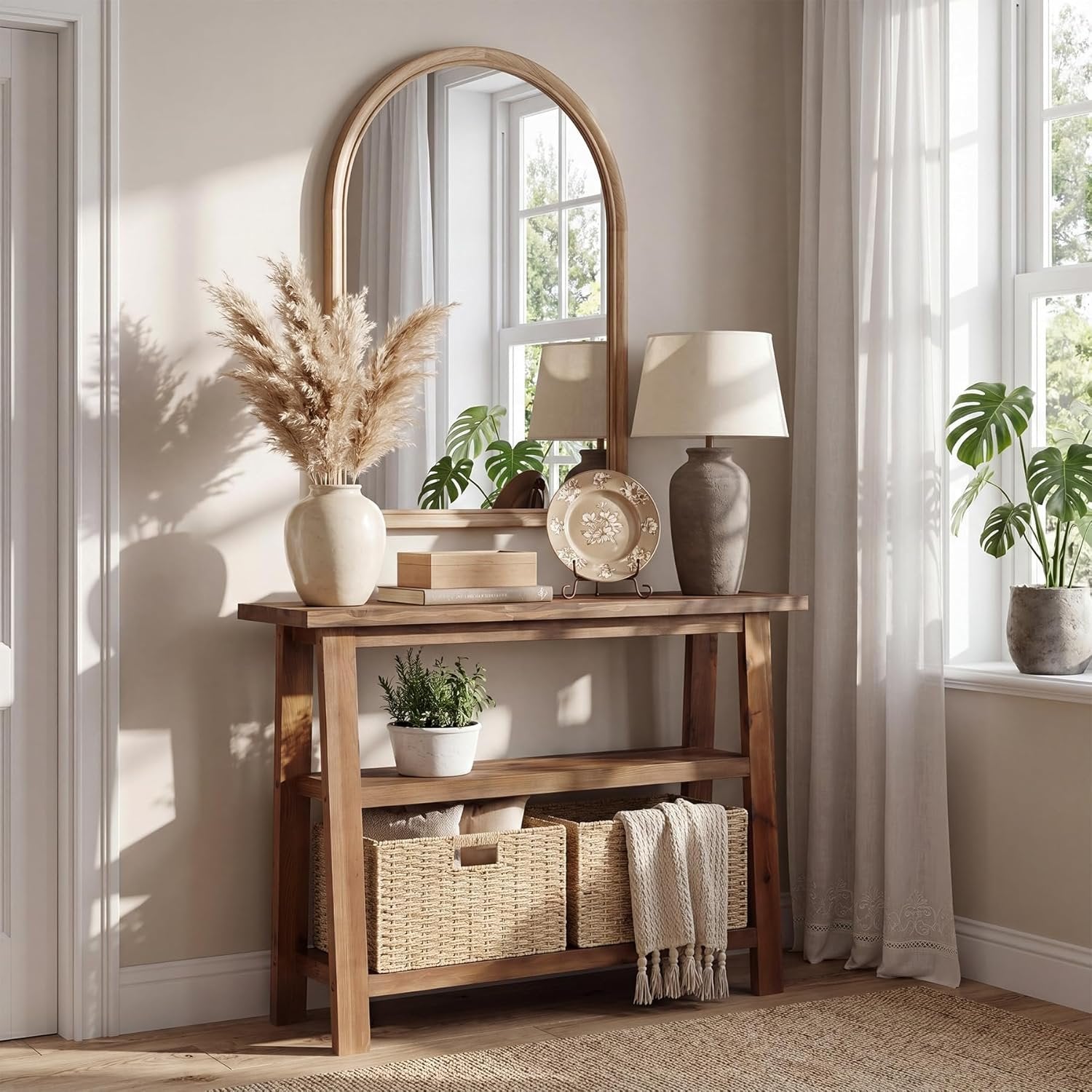 Console en bois massif avec rangement, 105 cm de large, Console étroite de style champêtre avec 2 paniers de rangement et une étagère