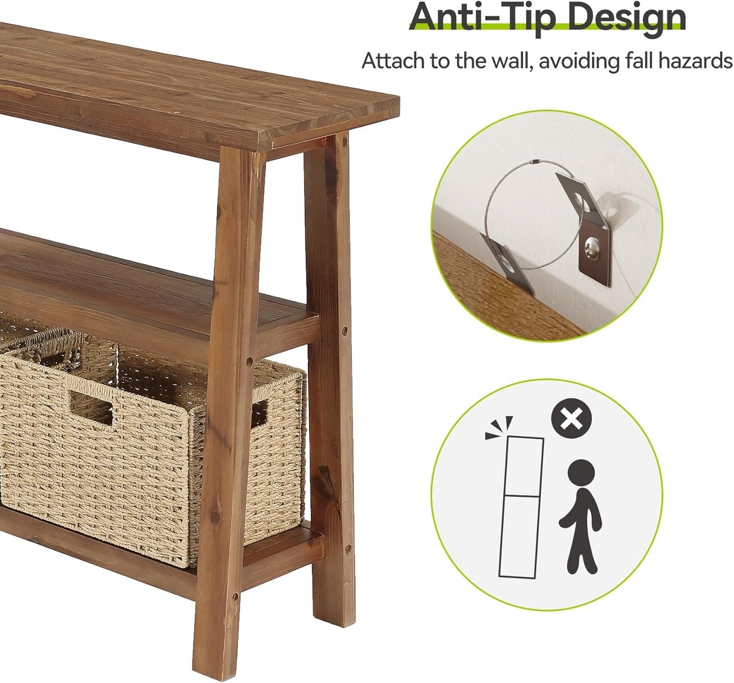 Console en bois massif avec rangement, 105 cm de large, Console étroite de style champêtre avec 2 paniers de rangement et une étagère