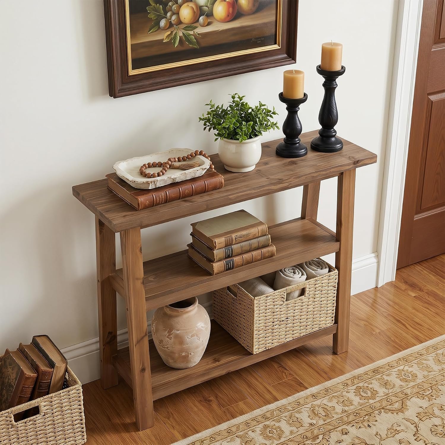 Console en bois massif avec rangement, 105 cm de large, Console étroite de style champêtre avec 2 paniers de rangement et une étagère
