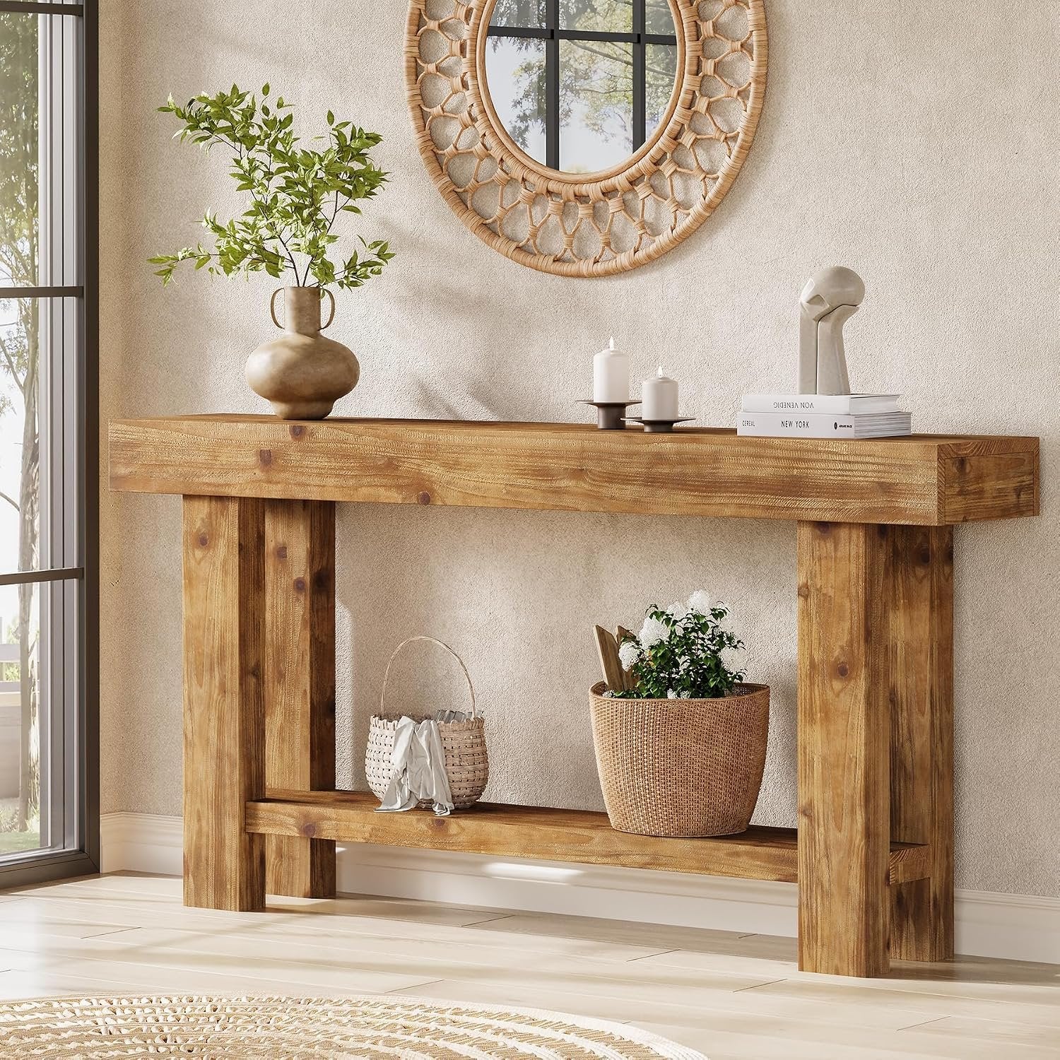 Console en bois massif 160 cm de large à deux niveaux, idéale comme buffet, Table d'appoint pour le salon, style campagnard