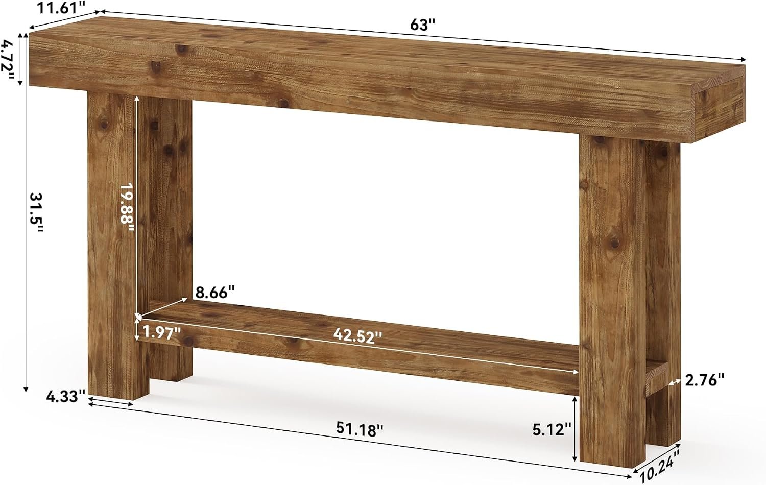 Console en bois massif 160 cm de large à deux niveaux, idéale comme buffet, Table d'appoint pour le salon, style campagnard