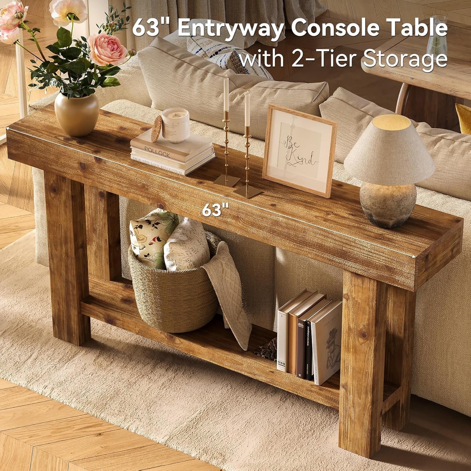 Console en bois massif 160 cm de large à deux niveaux, idéale comme buffet, Table d'appoint pour le salon, style campagnard
