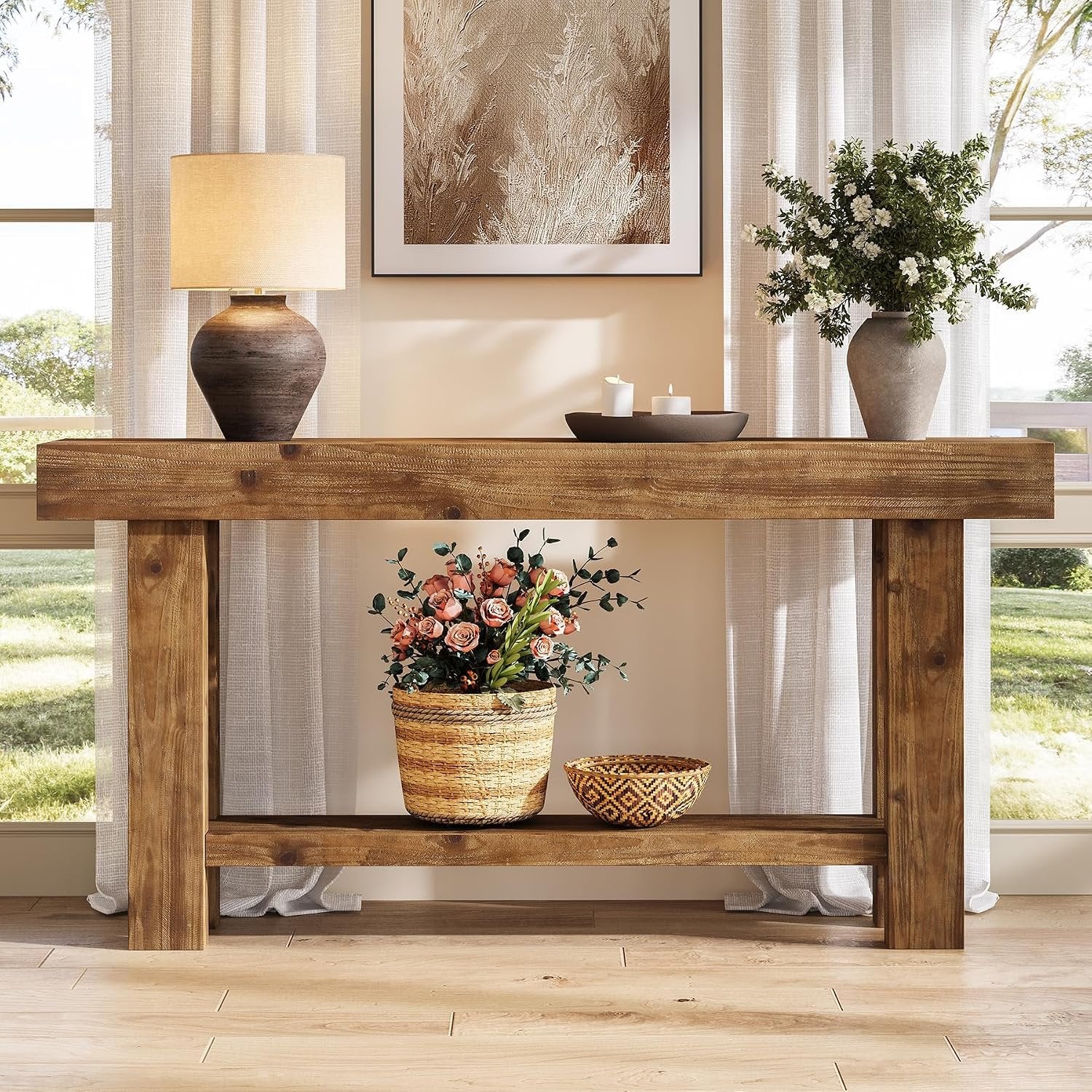 Console en bois massif 160 cm de large à deux niveaux, idéale comme buffet, Table d'appoint pour le salon, style campagnard