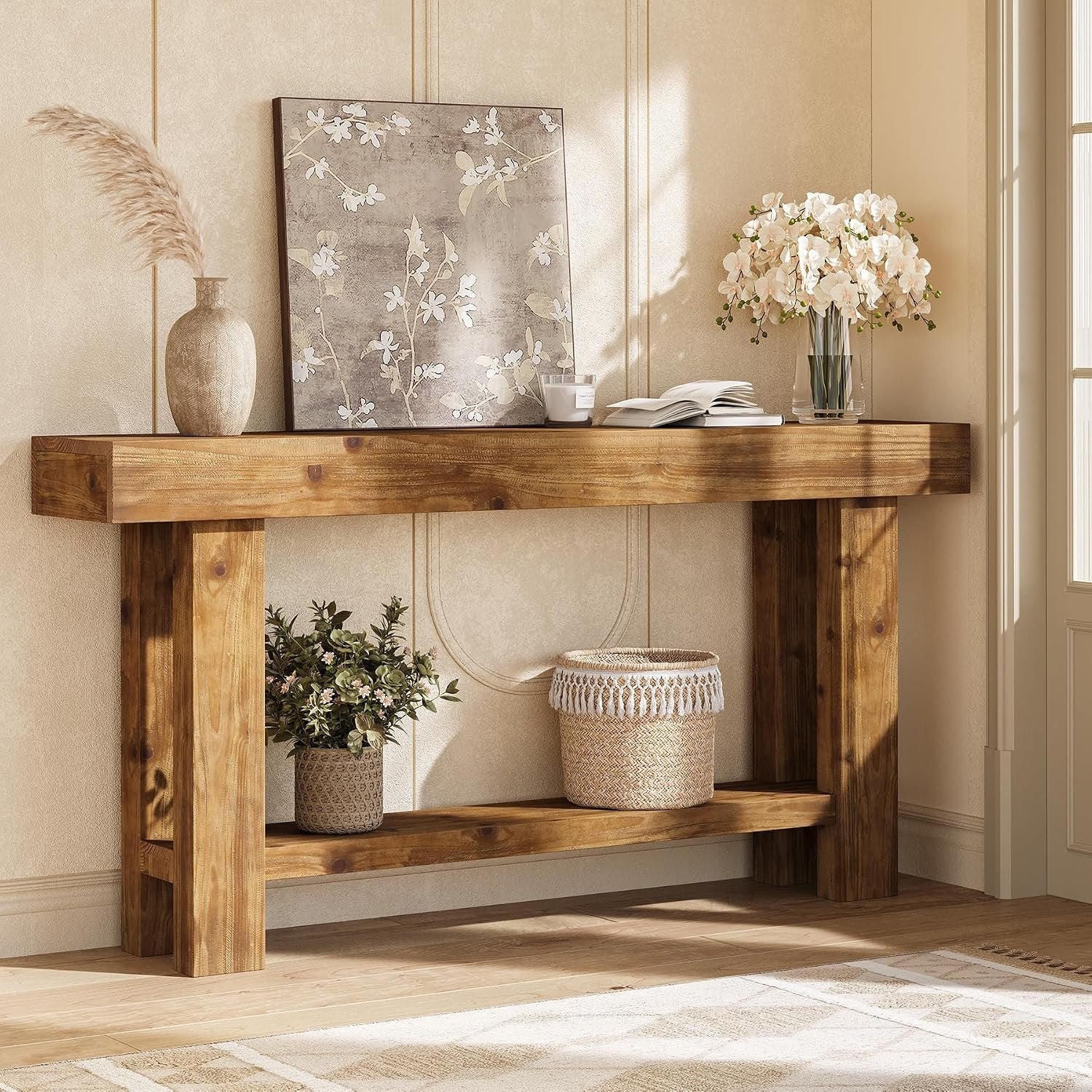 Console en bois massif 160 cm de large à deux niveaux, idéale comme buffet, Table d'appoint pour le salon, style campagnard