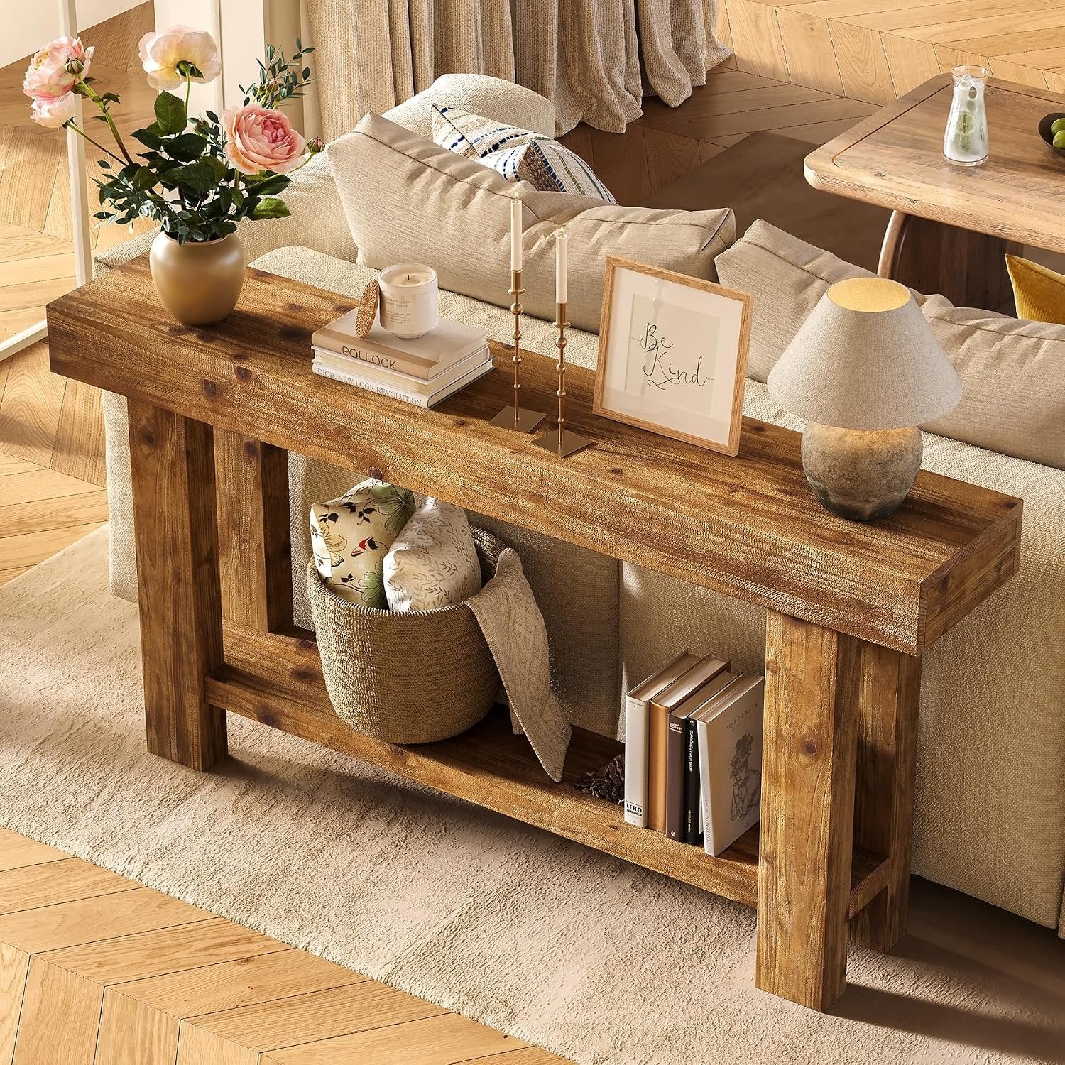 Console en bois massif 160 cm de large à deux niveaux, idéale comme buffet, Table d'appoint pour le salon, style campagnard