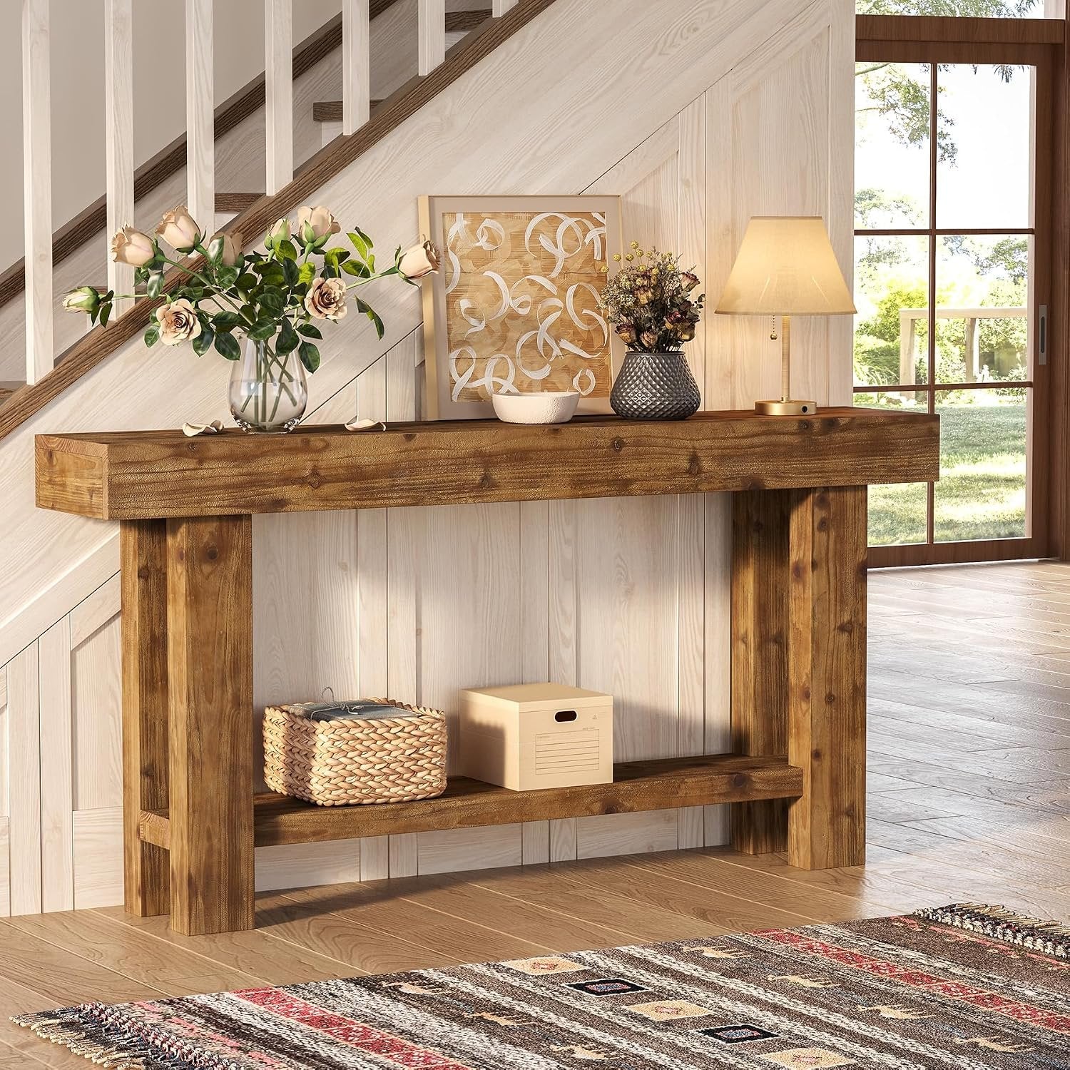 Console en bois massif 160 cm de large à deux niveaux, idéale comme buffet, Table d'appoint pour le salon, style campagnard