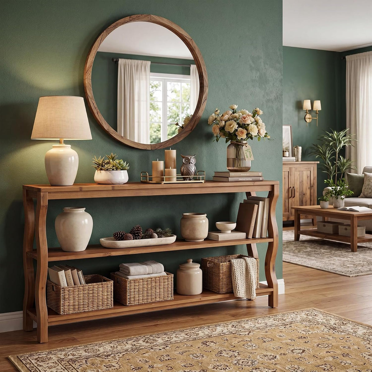 Console en bois massif à 3 niveaux avec étagères ouvertes, Table d'entrée Table de canapé ou table d'appoint de 160 cm pour couloir, salon ou derrière le canapé