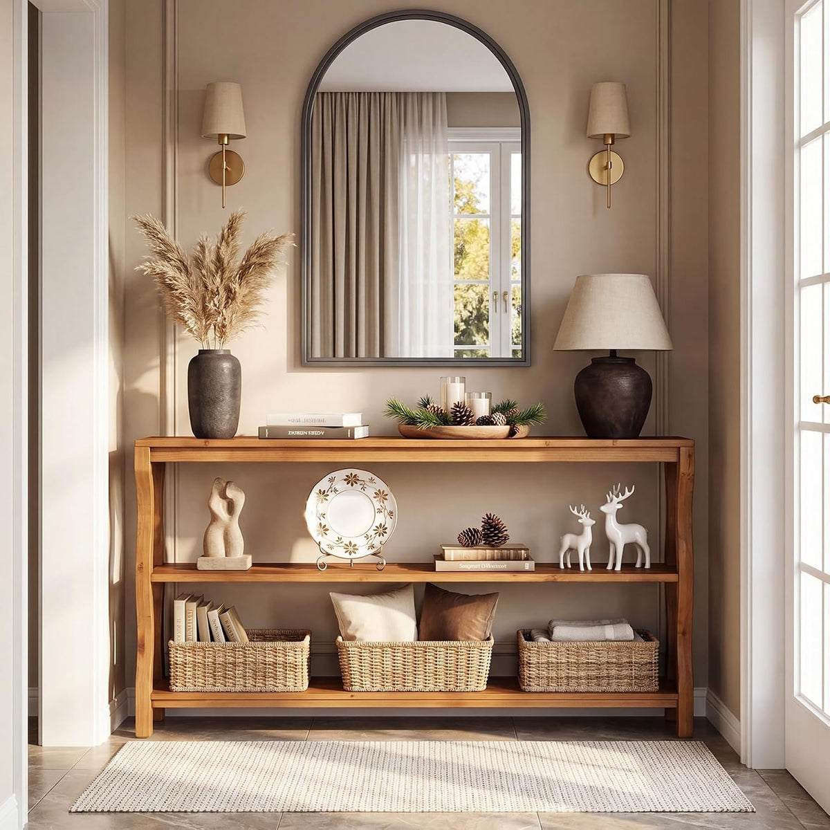 Console en bois massif à 3 niveaux avec étagères ouvertes, Table d'entrée Table de canapé ou table d'appoint de 160 cm pour couloir, salon ou derrière le canapé