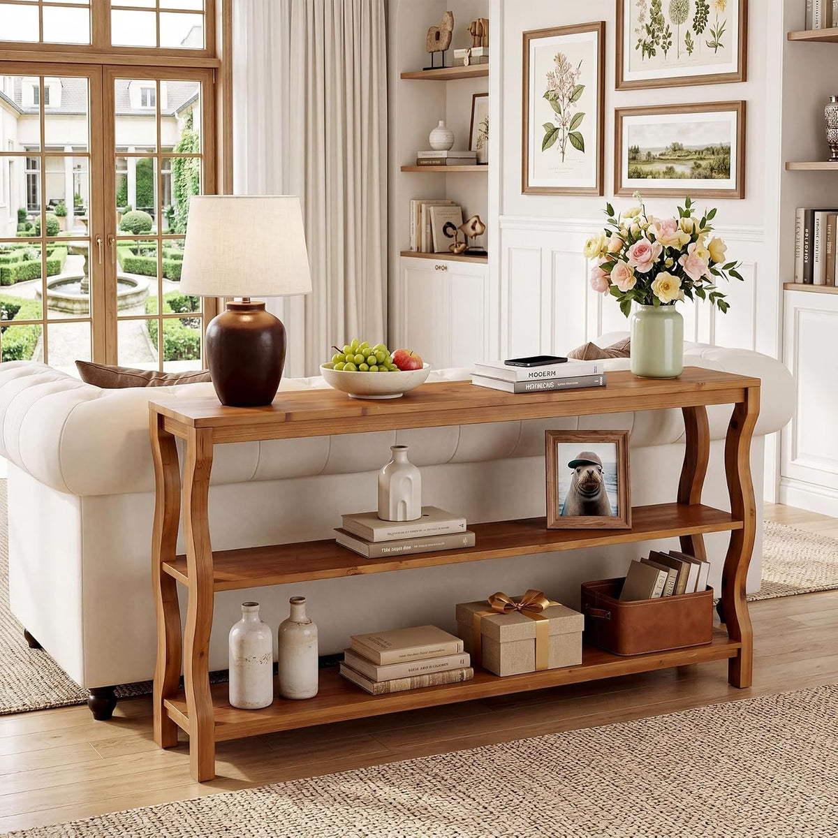 Console en bois massif à 3 niveaux avec étagères ouvertes, Table d'entrée Table de canapé ou table d'appoint de 160 cm pour couloir, salon ou derrière le canapé
