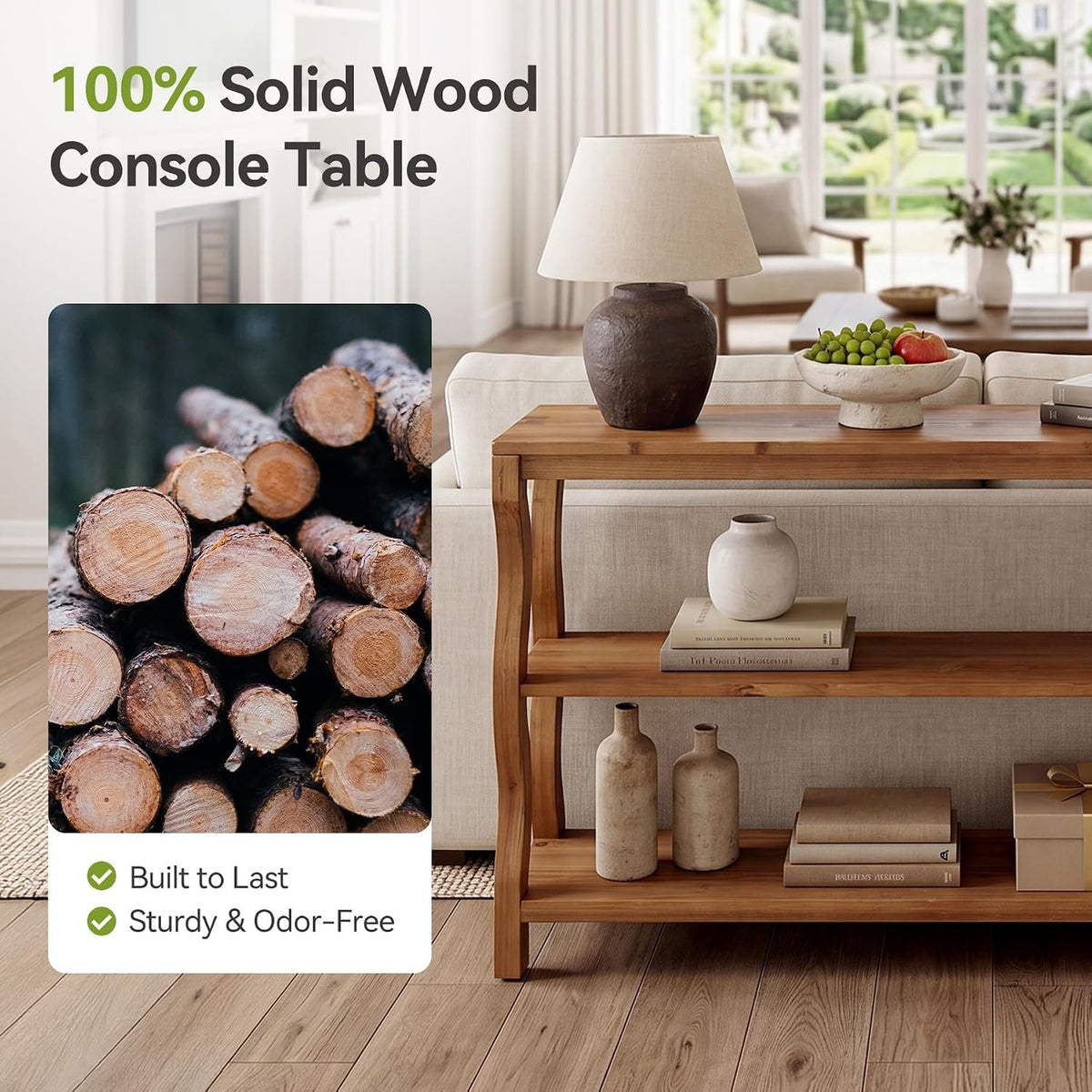 Console en bois massif à 3 niveaux avec étagères ouvertes, Table d'entrée Table de canapé ou table d'appoint de 160 cm pour couloir, salon ou derrière le canapé