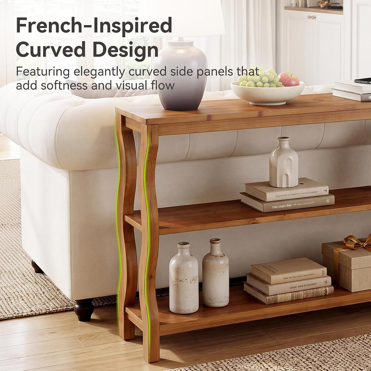 Console en bois massif à 3 niveaux avec étagères ouvertes, Table d'entrée Table de canapé ou table d'appoint de 160 cm pour couloir, salon ou derrière le canapé