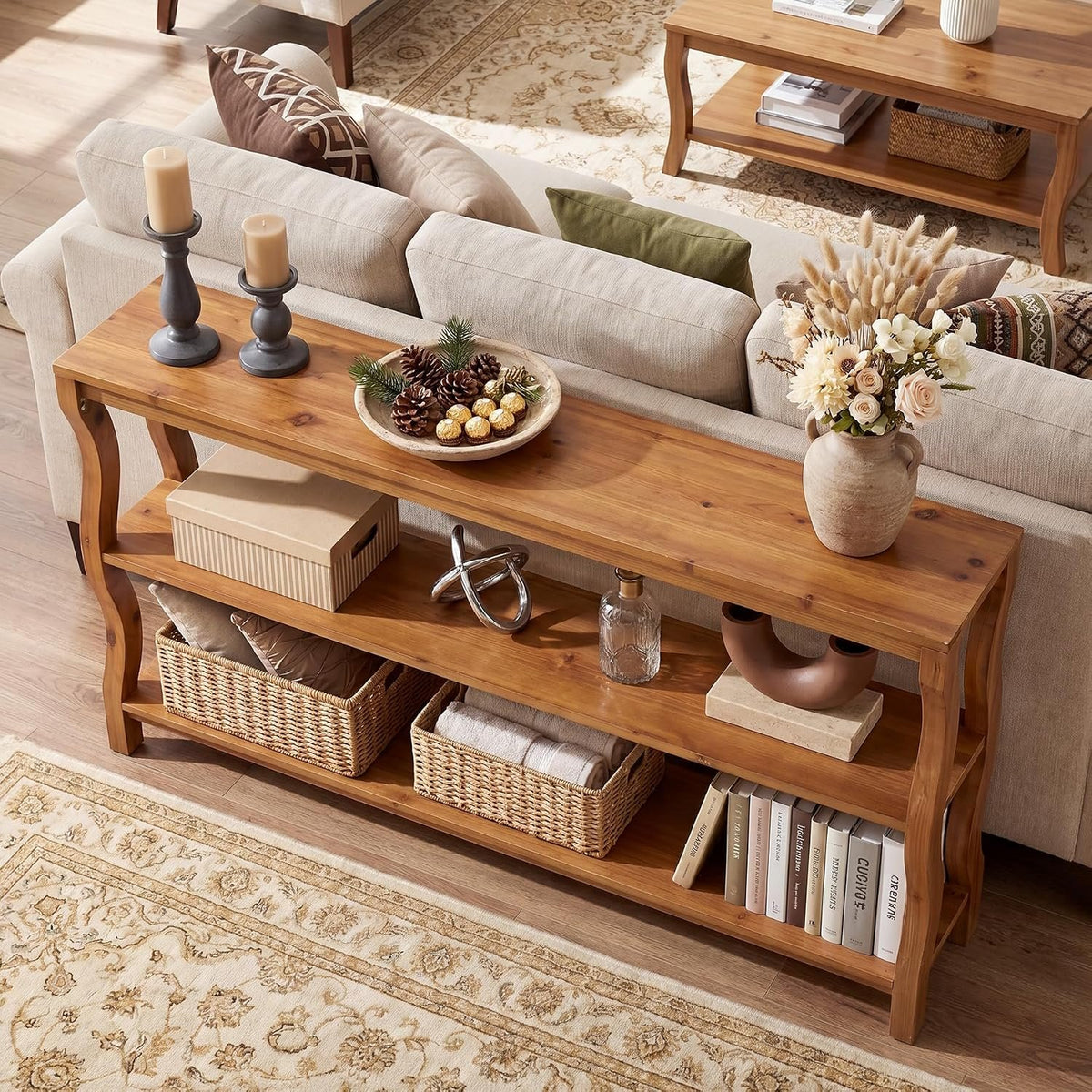 Console en bois massif à 3 niveaux avec étagères ouvertes, Table d'entrée Table de canapé ou table d'appoint de 160 cm pour couloir, salon ou derrière le canapé