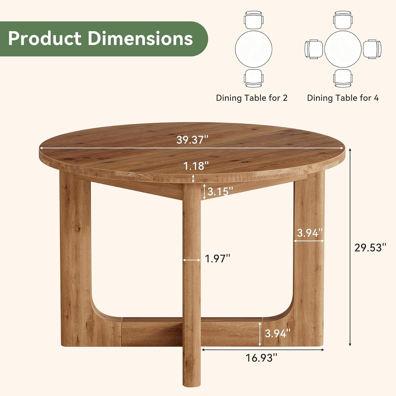Tribesigns Table de salle à manger ronde en bois massif 100 cm brun rustique, Pieds en X, 2 à 4 couverts, gain de place, montage facile, style champêtre