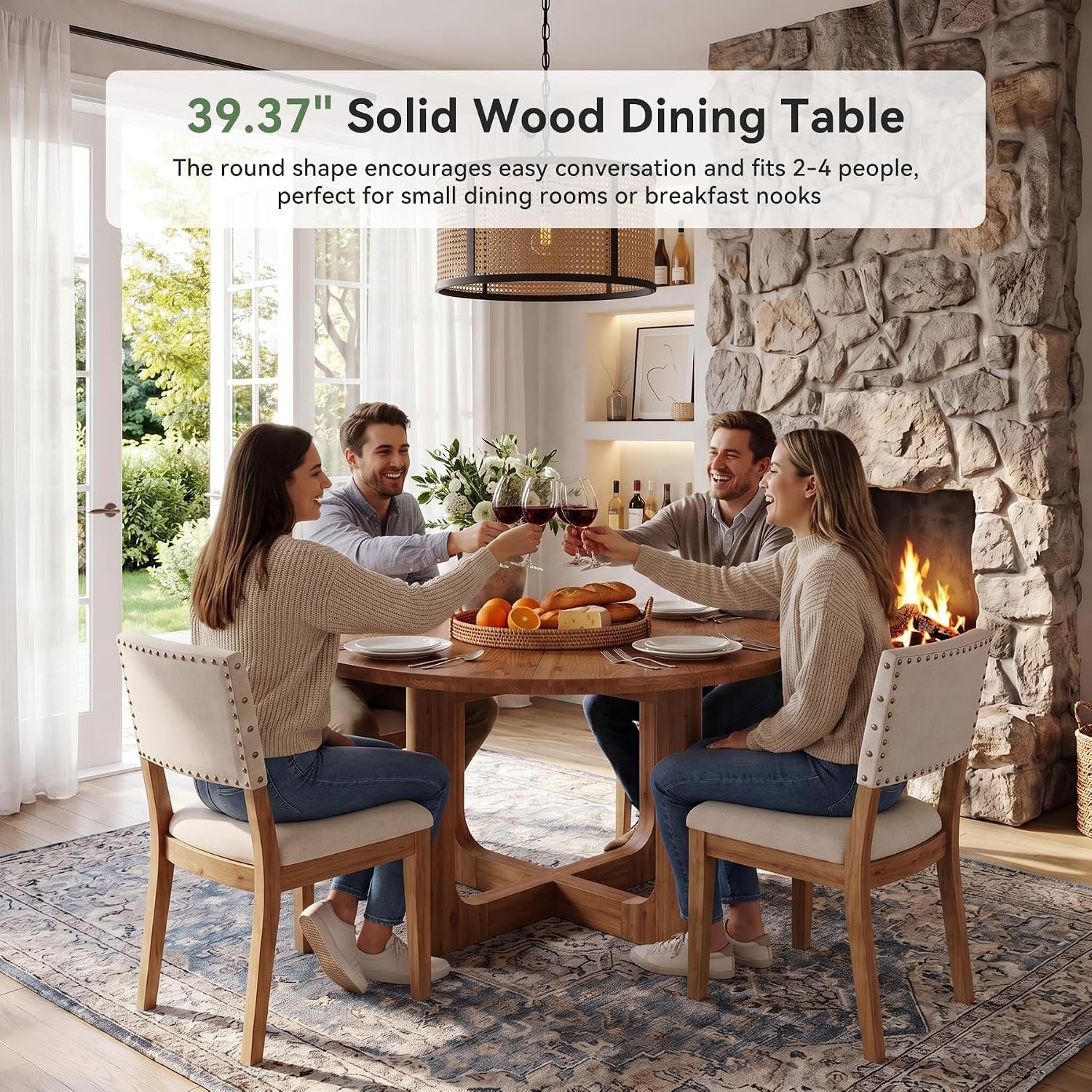 Tribesigns Table de salle à manger ronde en bois massif 100 cm brun rustique, Pieds en X, 2 à 4 couverts, gain de place, montage facile, style champêtre