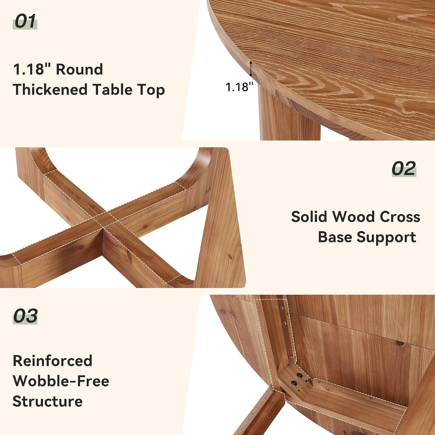 Tribesigns Table de salle à manger ronde en bois massif 100 cm brun rustique, Pieds en X, 2 à 4 couverts, gain de place, montage facile, style champêtre