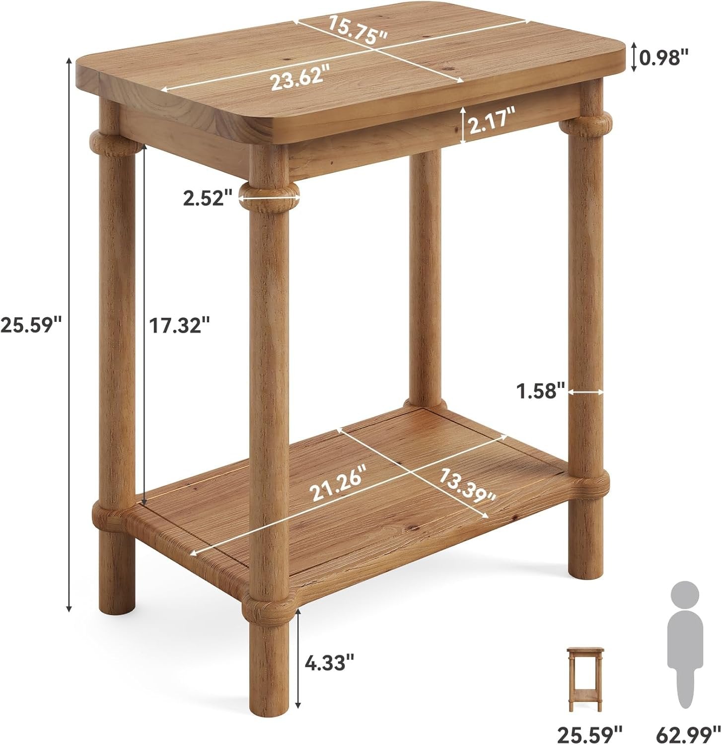 Tribesigns Table d'appoint rectangulaire à deux niveaux en bois massif, Style campagnard avec compartiment de rangement et coins arrondis