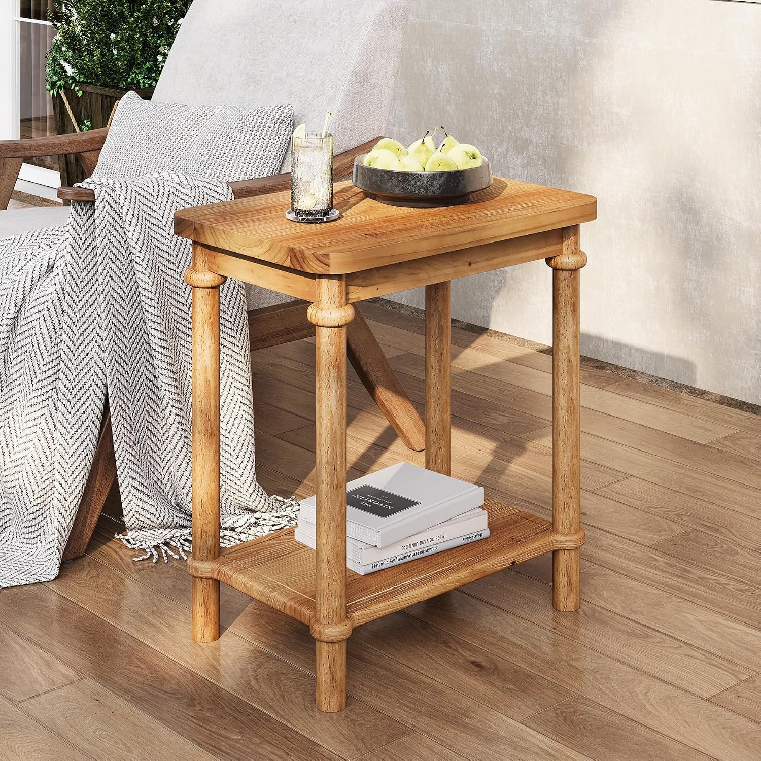 Tribesigns Table d'appoint rectangulaire à deux niveaux en bois massif, Style campagnard avec compartiment de rangement et coins arrondis