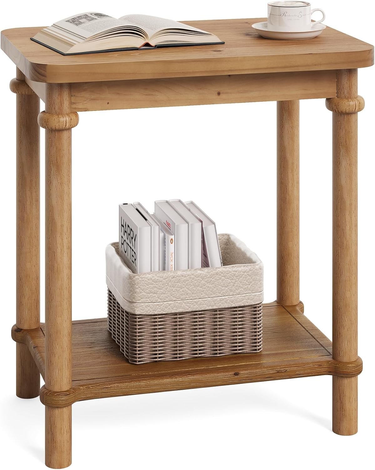 Tribesigns Table d'appoint rectangulaire à deux niveaux en bois massif, Style campagnard avec compartiment de rangement et coins arrondis