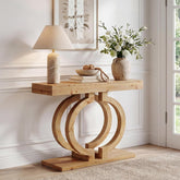 Console en bois massif, Table d'entrée de 110 cm de long en bois naturel avec un double piètement circulaire artistique, table d'appoint étroite 3