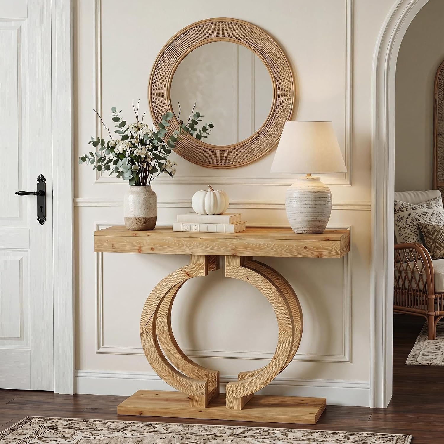 Console en bois massif, Table d'entrée de 110 cm de long en bois naturel avec un double piètement circulaire artistique, table d'appoint étroite